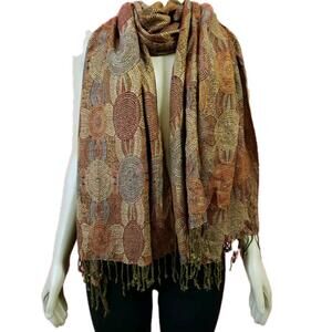 DIMRI Multi Color Geometric Red & Brown Fringe Neck Scarf 82"X28”